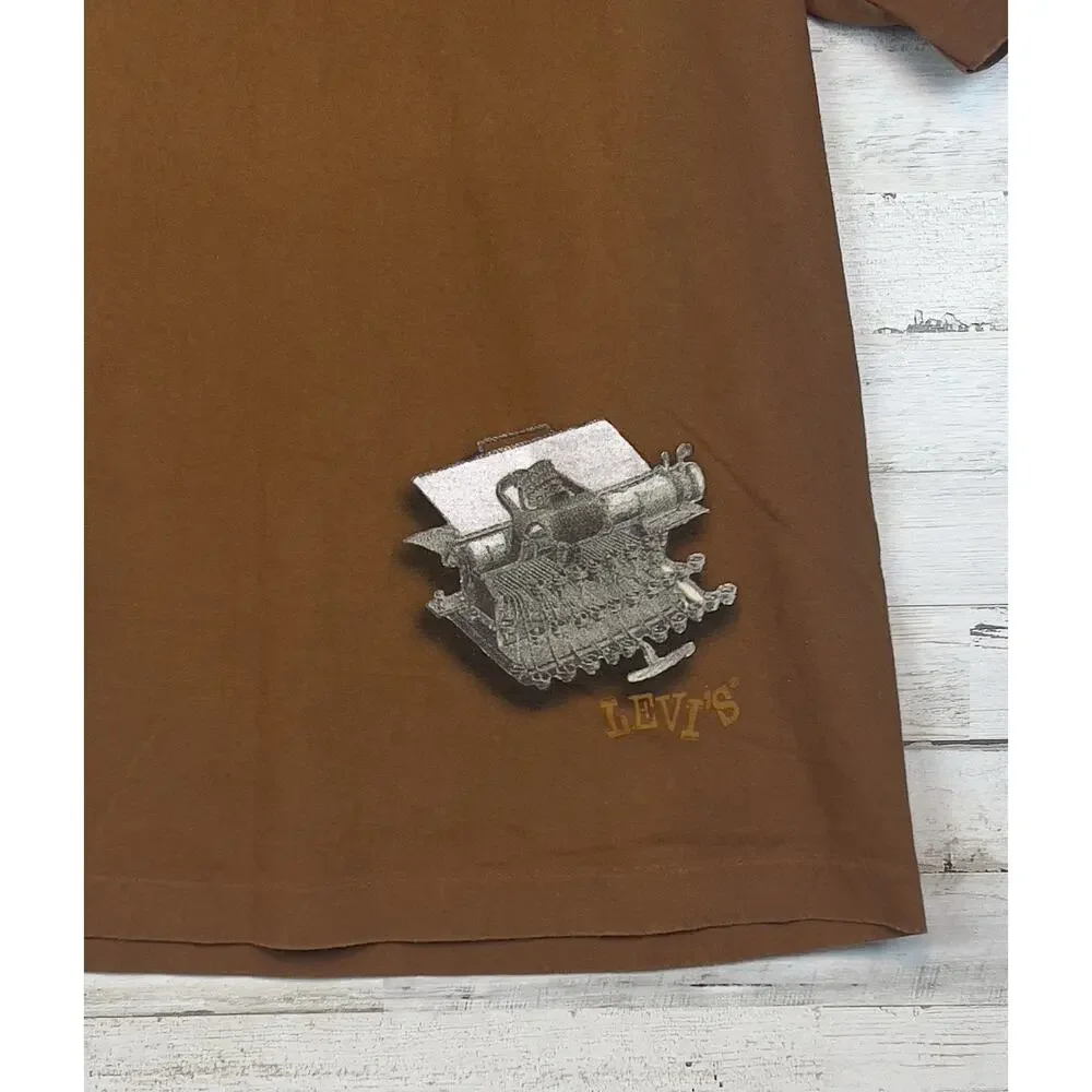 Vintage Levis Single Stitch Graphic T-Shirt XL Made in USA 1996 Typewriter Brown